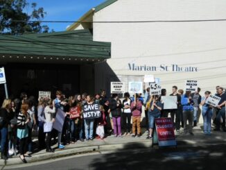 Protesters outside Marian Street Theatre building.