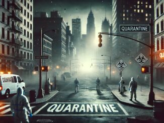 Futuristic city street under quarantine at night.