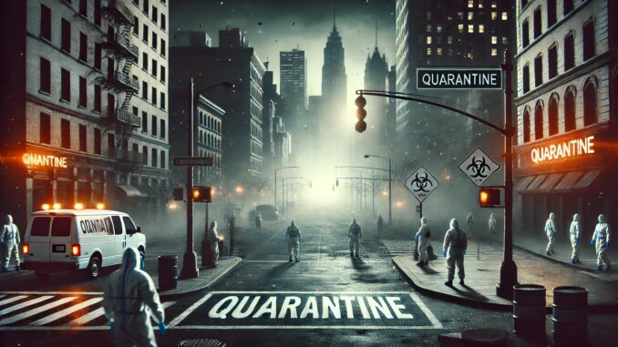 Futuristic city street under quarantine at night.