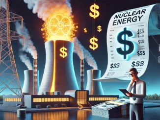 Nuclear power plant with financial symbols.