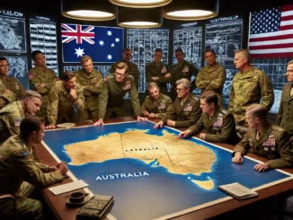 Military officers discussing around map of Australia.
