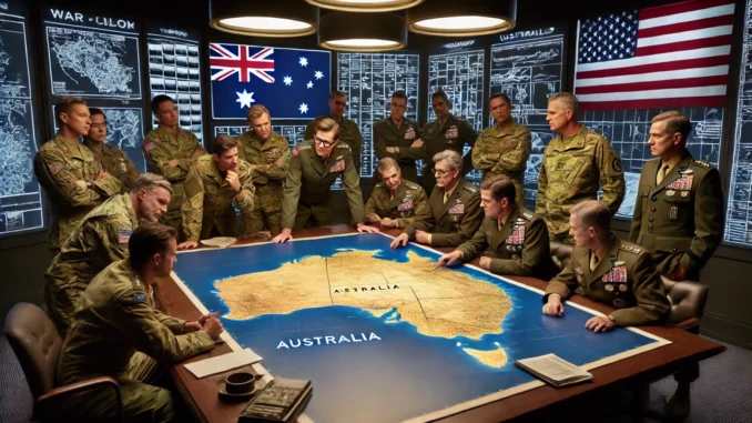 Military officers discussing around map of Australia.