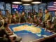 Military officers discussing around map of Australia.
