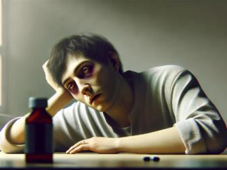 Man sitting at table with medicine bottle.