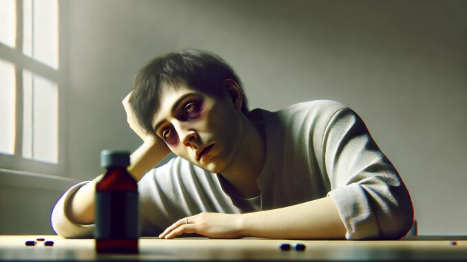 Man sitting at table with medicine bottle. Man sitting at table with medicine bottle.