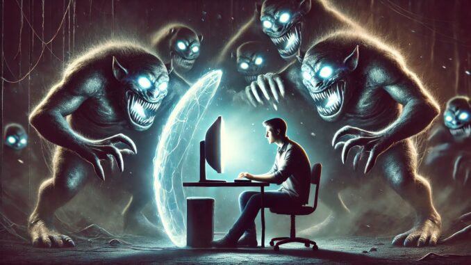 Man at computer surrounded by digital monsters.