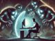 Man at computer surrounded by digital monsters.