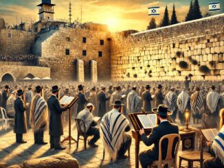 People praying at the Western Wall sunset.