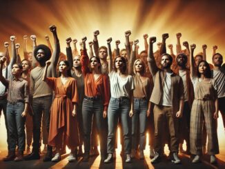 Diverse group raising fists in unity.