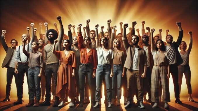 Diverse group raising fists in unity.