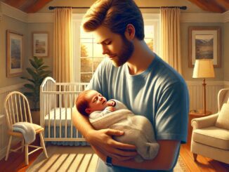 Father cradling baby in serene nursery.