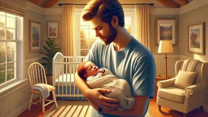 Father cradling baby in serene nursery.