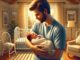 Father cradling baby in serene nursery.