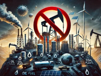 Anti-fossil fuel imagery with renewable energy elements.