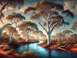 Eucalyptus trees by a winding river.