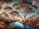Eucalyptus trees by a winding river.