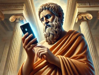 Classical sage using a lit smartphone