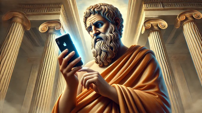 Classical sage using a lit smartphone