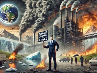 Man holding sign in environmental disaster scene.