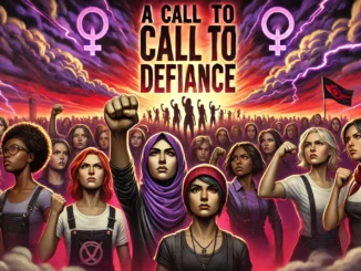 Women united in protest with raised fists.