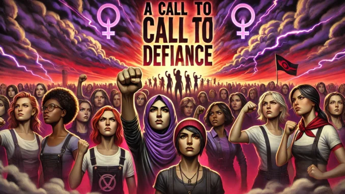 Women united in protest with raised fists.