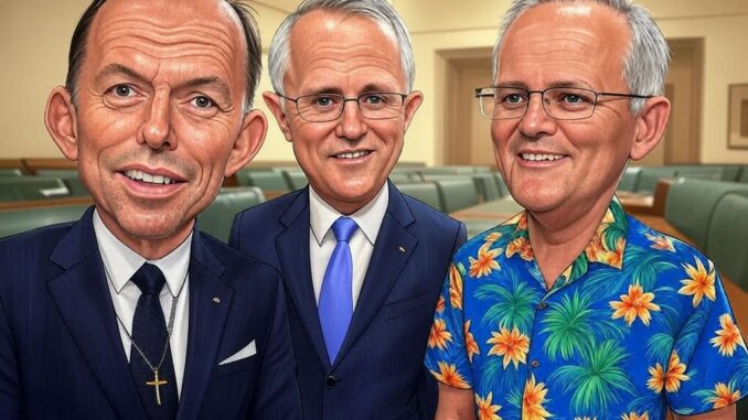 Three men in suits, one in floral shirt.