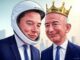 Two men in suits, helmet and crown.