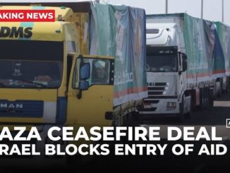 Trucks lined up, Gaza ceasefire news headline.
