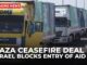 Trucks lined up, Gaza ceasefire news headline.