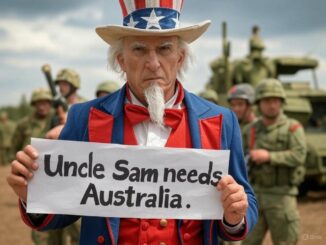 Uncle Sam holding sign with soldiers behind.