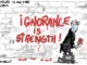 Cartoon man painting "Ignorance is Strength" graffiti.