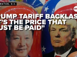 Tariff backlash headline with political images.