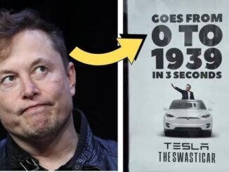 Man looking at spoof Tesla car advertisement.
