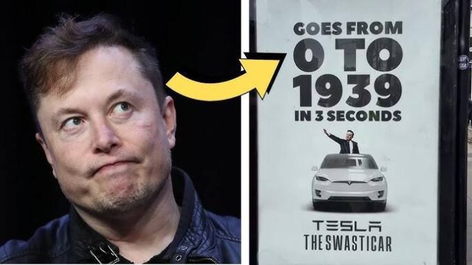 Man looking at spoof Tesla car advertisement.
