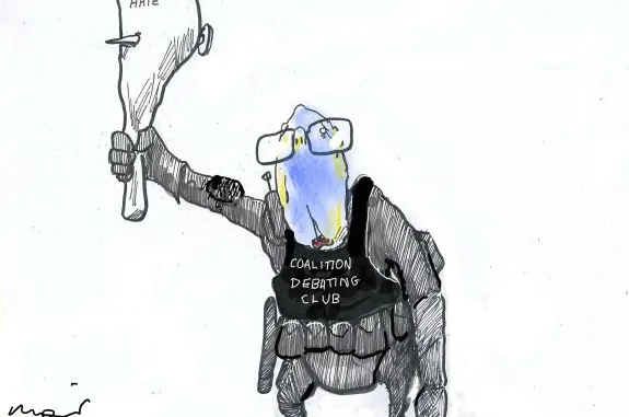 Cartoon figure with club labeled "Hate". Cartoon figure with club labeled "Hate".