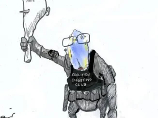 Cartoon figure with club labeled "Hate".