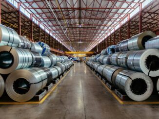 Steel coils stacked in a warehouse interior.
