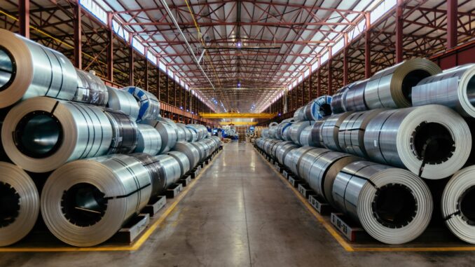 Steel coils stacked in a warehouse interior. Steel coils stacked in a warehouse interior.