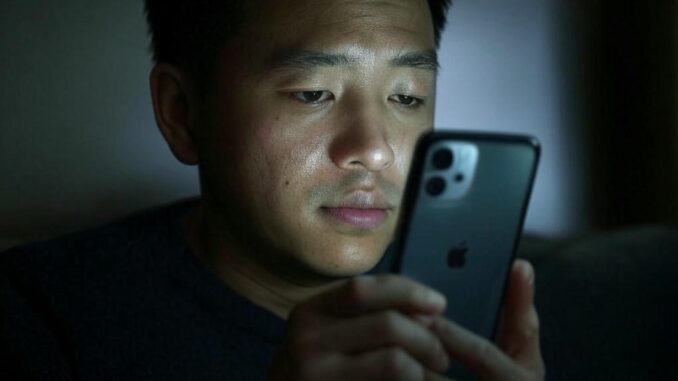 Man looking at smartphone screen intently. Man looking at smartphone screen intently.