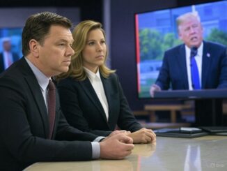 Two people watching a man on screen.