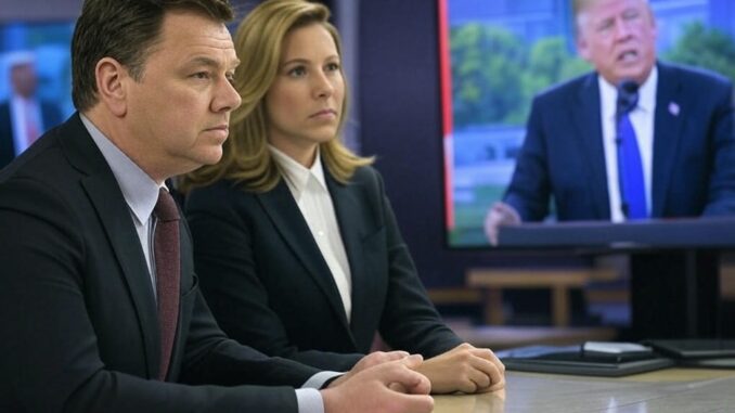 Two people watching a man on screen.