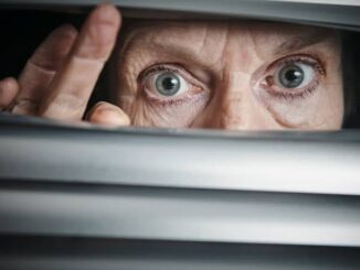 Person peering through window blinds, wide-eyed.
