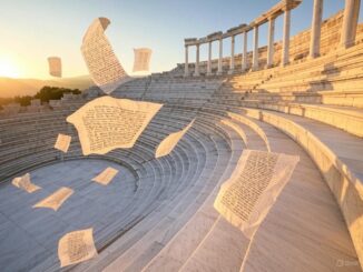 Ancient amphitheater with floating pages at sunset.