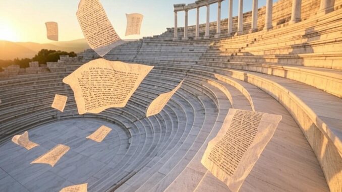 Ancient amphitheater with floating pages at sunset. Ancient amphitheater with floating pages at sunset.