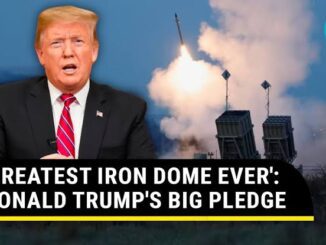 Man speaking, missile defense system launching, headline displayed.
