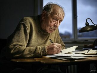 Aging man focused writing under desk lamp
