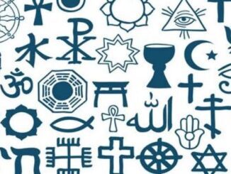Various religious and spiritual symbols displayed.