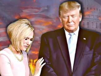 Man and woman with fiery background, Capitol visible.