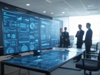 Office meeting with digital data displays.