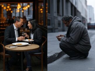 Couple dining; person sitting on street.